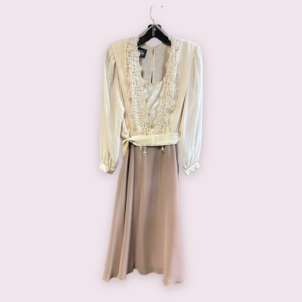 Vintage Ursula of Switzerland Cream Chiffon MIDI Dress Size 12P